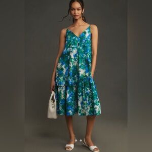 NWT Anthropologie Corey Lynn V Neck Midi Dress Blue Green Size Small Petite